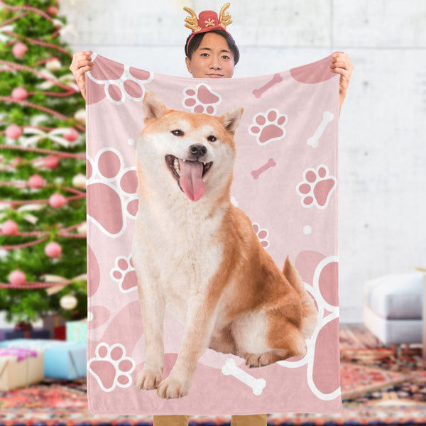 カスタムフォトブランケット-可愛いペット写真入れ可能な犬の肉球と骨柄のフリース毛布子供へのクリスマスひざかけギフト