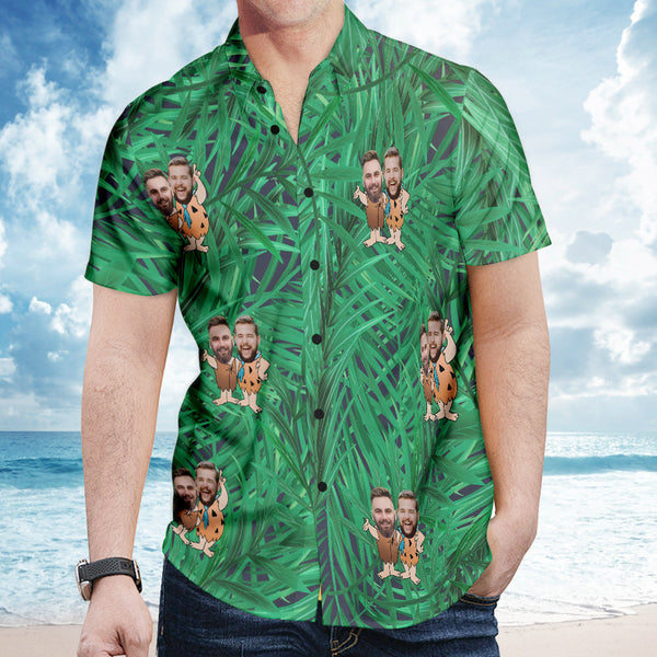 カスタムフェイスハワイアンシャツ - 写真入れ可能なオリジナルアロハシャツ - 緑の葉