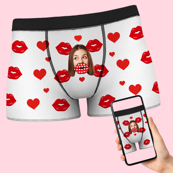カスタムフェイスAR男性用ボクサー-写真入れ可能な面白い唇柄のボクサーパンツ彼氏へのバレンタインデーギフト
