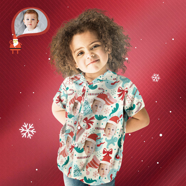 カスタムフェイスシャツ-写真入れ可能な子供用クリスマスアロハシャツ-サンタ帽子