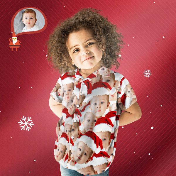 カスタムフェイスシャツ-写真入れ可能な子供用クリスマスアロハシャツ-サンタクロース顔だらけ