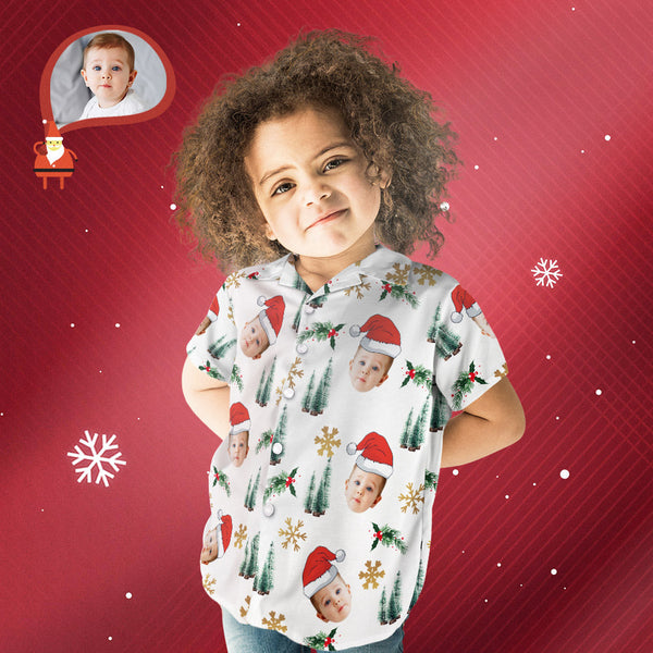 カスタムフェイスシャツ-写真入れ可能な子供用クリスマスアロハシャツ-サンタ帽子柄シャツ
