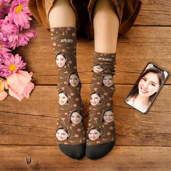 カスタムフェイスソックス-写真入り名入れ可能なカーネーション柄のオリジナル靴下母の日プレゼント