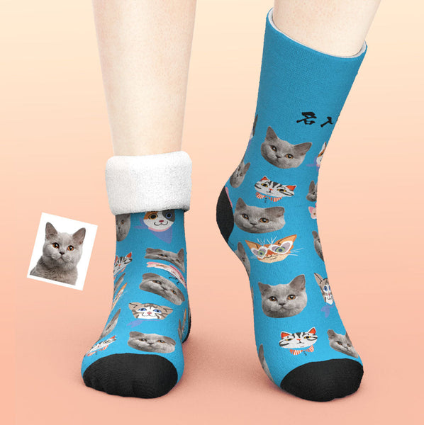 カスタム厚手フェイスソックス-写真入れ名入れ可能な面白い猫柄のオリジナル秋冬用暖かい靴下プレゼント